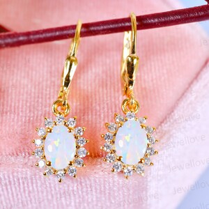 14K Gold Opal Halo Leverback Earrings: Oval 7x5mm, October Birthstone | Classic Bridal Gift for Her image 5