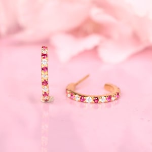 Könnte beinhalten: Zwei goldene Creolen, jeweils besetzt mit abwechselnd roten und weißen Edelsteinen. Die Ohrringe sind vor einem weichen rosa Hintergrund platziert, mit einem verschwommenen Blumenelement im Hintergrund.