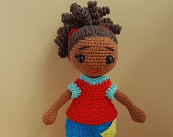 Black crochet doll with removable clothes, Afro-American curly crochet doll, crochet doll with customized outfit