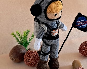 Handmade Crochet Astronaut Doll: Natural Cotton Space Explorer Toy