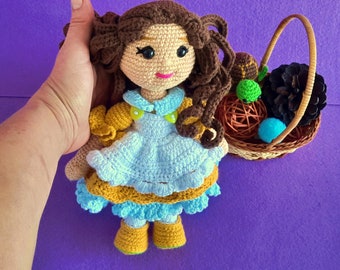 Long curly brown hair amigurumi doll, Stuffed crochet doll with apron, Handmade waldorf little wool doll, Crochet soft toy doll