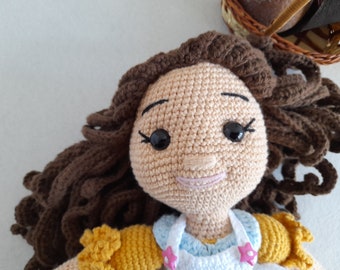 Crocheted doll with long hair, amigurumi doll with rustic dress, amigurumi gift for kids