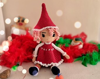 Handcrafted Crochet Doll: Holiday Santa Outfit, Pink Hair