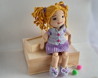 Removable clothes crochet doll, Large amigurumi doll with suit, Poseable Knitted doll gift for little girls