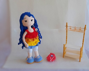Handmade Crochet Doll: Mercerized Cotton Amigurumi with Blue Hair