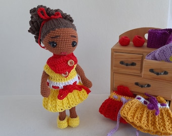 Finished African crochet doll, Amigurumi black doll with removable clothes, Craft dark skin crochet doll with curly hair