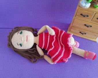 Crochet outfitted doll with brown long hair, Jointed amigurumi doll with red dress, Crocheted large stuffed doll for collectors