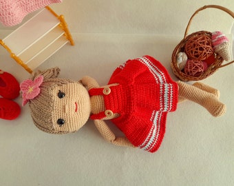 Hand-Woven Amigurumi Doll: Crochet Cotton Doll with Red Outfit