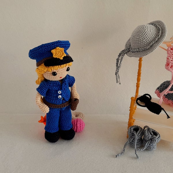 Girl police amigurumi doll with removable outfits, Small knitted working doll for little girls, Crochet police doll with blue uniform