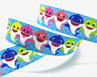 Baby Shark Ribbon. 5 yards single sided grosgrain ribbon. 7/8" width. Made in USA.