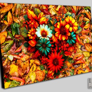 Bunte Herbst Blumen auf Herbst Blätter, Fotografie Landschaft Druck/Leinwand/Acryl/Metall Lebendige Farbe, Wohnzimmer, Schlafzimmer, Wand Kunst, Poster