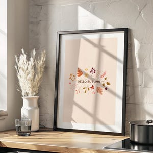 Hello Autumn Printable Poster Neutral Leaves Print, Fall Printable Wall Art, Beige Fall Decor, Modern Autumn Decoration