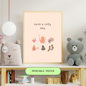 Cartel imprimible de día acogedor, impresión minimalista beige, hojas de otoño, tarjeta de té caliente