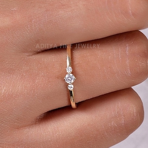 Round Cut Moissanite Ring, Three Stone Engagement Ring, Past Present Future Wedding Ring, Minimalist Dainty Stackable Ring, 14K Gold Ring