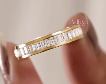 Baguette Cut Moissanite Full Eternity Wedding Band Channel Setting 14K Yellow Gold Stacking Band Engagement Ring for Him Men's Proposal Band