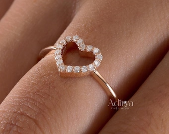 Tiny Diamond Love Heart Ring Round Cut Open Heart Engagement Ring 14K Solid Gold Promise Ring Minimalist Ring Delicate Everyday Ring For Her