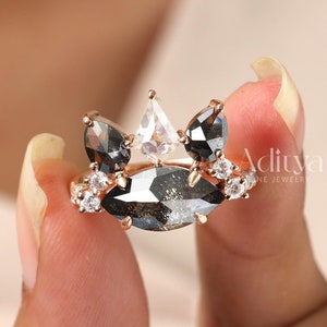 Marquise Cut Salt And Pepper Diamond Engagement Ring, 14K Gold Prong Set Cluster Bridal Jewelry, Gray Diamond Wedding Ring, Birthstone Gifts