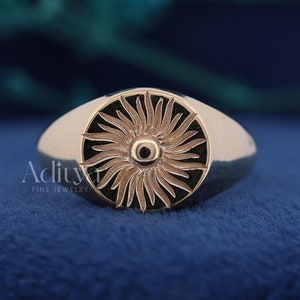 14K Gold Sunburst Signet Ring, Vintage Inspired Gold Ring For Women, Dainty Diamond Cut Celestial Jewelry, Men Sunburst Statement Jewelry