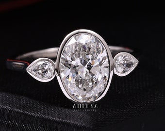 Classic Oval & Pear Cut Moissanite Three Stone Ring Unique Trilogy Wedding Ring Bezel Set Engagement Ring Past Present Future Promise Ring