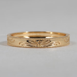 14K Solid Gold Filigree Ring, Vintage Style Floral Engraved Wedding Band, Pattern Ring, Nature Inspired Wide Ring, Art Deco Stacking Band