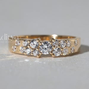 14K Yellow Gold Round Cut Cluster Band, Wide Scattered Diamond Band Ring, Flush Set Lab Grown Diamond Band, Unique Bridal Wedding Band, Gift