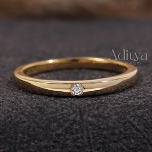 14K Yellow Gold Single Diamond Ring Band, Flush Set Diamond Wedding Band, Round Diamond Stacking Ring, Matching Band For Women, Unisex Band