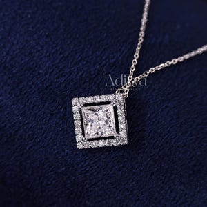 Princess Cut Moissanite Wedding Pendant, Designer Solitaire Anniversary Pendant, Women&#39;s Halo Diamond Pendant, Daily Wear Jewelry For Her