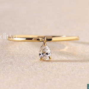 Dangling Diamond Charm Ring, Minimalist Pear Cut Solitaire Ring, Lab Grown Diamond Stacking Ring, Mothers Day Gift, Birthday Gift For Women