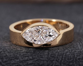 East West Marquise Moissanite Engagement Ring 14K Gold Solitaire Bezel Set Ring Unique Bridal Ring Wide Band Ring Anniversary Gift For Her