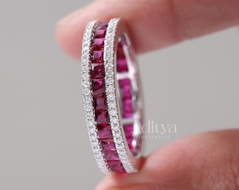 Princess Cut Red Garnet Full Eternity Band, Unique Wide Anniversary Ring, January Birthstone Gift for Her, 14K Solid Gold Handmade Jewelry