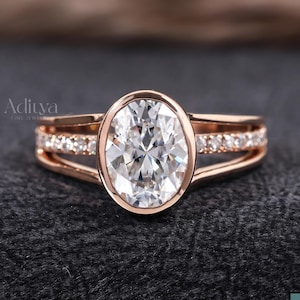 Oval Cut Moissanite Engagement Ring, Unique Split Shank Bezel Set Wedding Ring, Anniversary Gift Ring For Women, 14K Solid Gold Ring For Her
