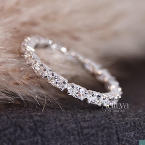 Marquise Cut Lab Grown Diamond Stacking Band, 14K White Gold Wedding Band, Minimalist Matching Band For Solitaire Ring, Wedding Jewelry