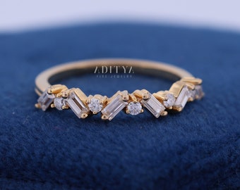 Alternating Baguette And Round Cut Half Eternity Ring Moissanite Wedding Band Bridal Dainty Ring Stackable Ring 14K Solid Gold Matching Band