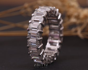 Emerald Cut Moissanite Full Eternity Band, Sparky Diamond Wedding Band, 14K White Gold Eternity Band, Wide Matching Band, Bridesmaid Gift