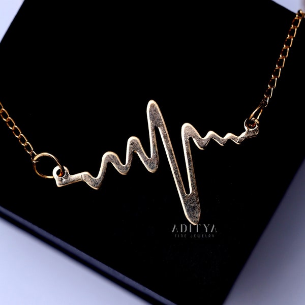 14K Yellow Gold Heartbeat Necklace Heart Rhythm Pendant EKG Pendant Necklace Gift For Doctor Healing Pendant Necklace Personalized Jewelry