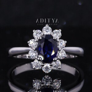 Oval Cut Halo Engagement Ring Blue Sapphire Gemstone Ring September Birthstone Wedding Ring Anniversary Ring White Gold Diamond Ring Gift