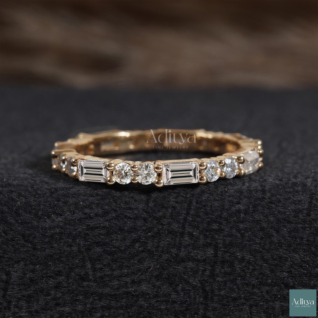 Round and Baguette Moissanite Wedding Band 14K Gold Alternating Diamond ...