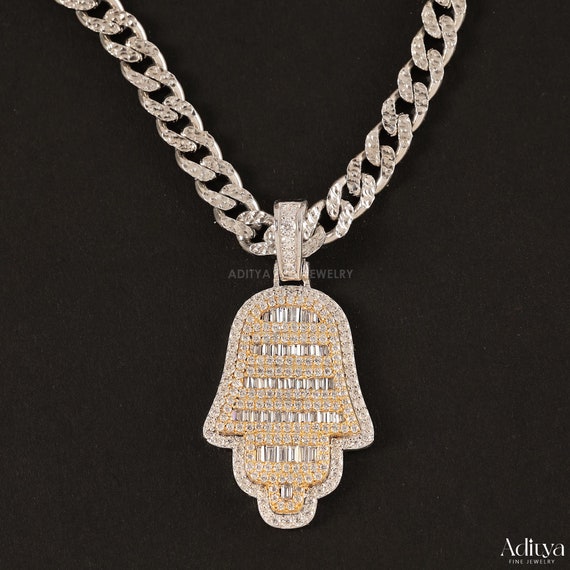 Iced Out Moissanite Hamsa Hand Pendant: Sterling Silver Hip Hop