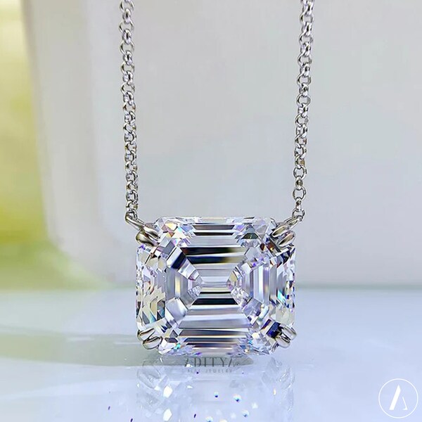 Emerald Cut Moissanite Solitaire Pendant East West Set Diamond Wedding Pendant Sterling Silver Double Prong Pendant Necklace For Women