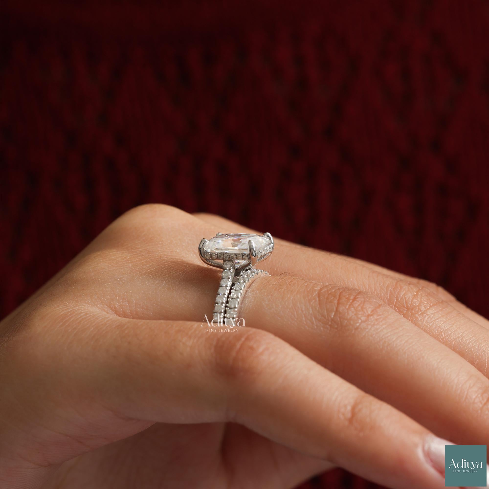 Radiant Cut Lab Grown Diamond Engagement Ring Set Hidden Halo Ring