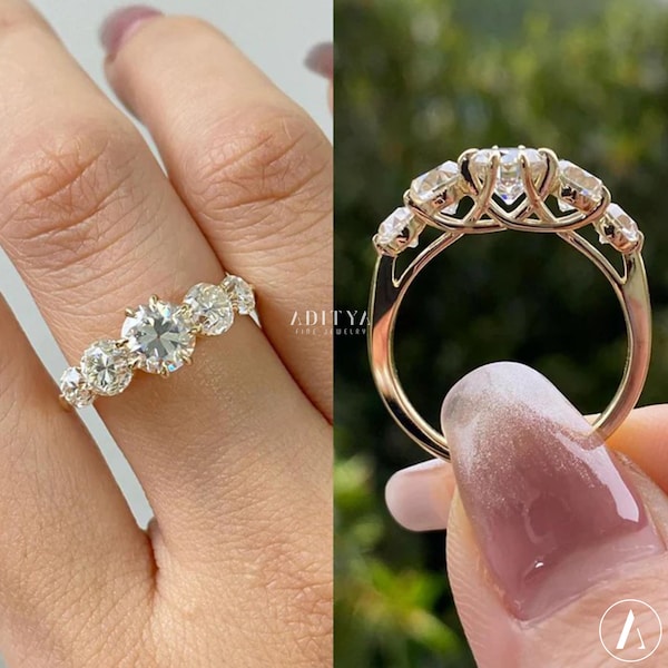 Round Cut Moissanite Five Stone Engagement Ring Vintage Style Bridal Ring Trellis Setting Wedding Ring Claw Prong Set Ring 14K Gold Ring