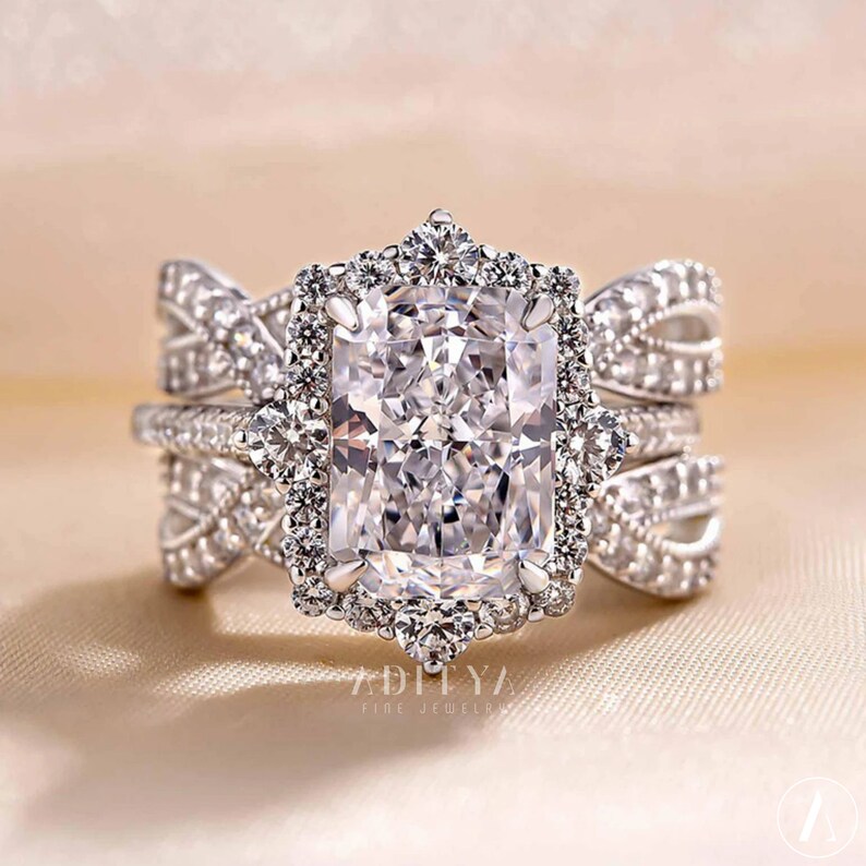 Vintage Enhancer Ring Radiant Cut Halo Moissanite Bridal Set Etsy