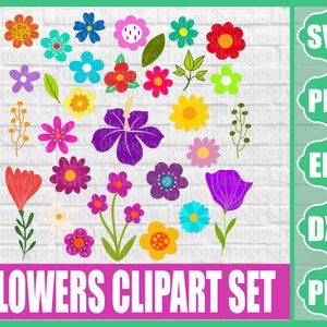 Bunte Blumen Clipart Set: Blumen PNG, SVG, PDF (Digital Download)