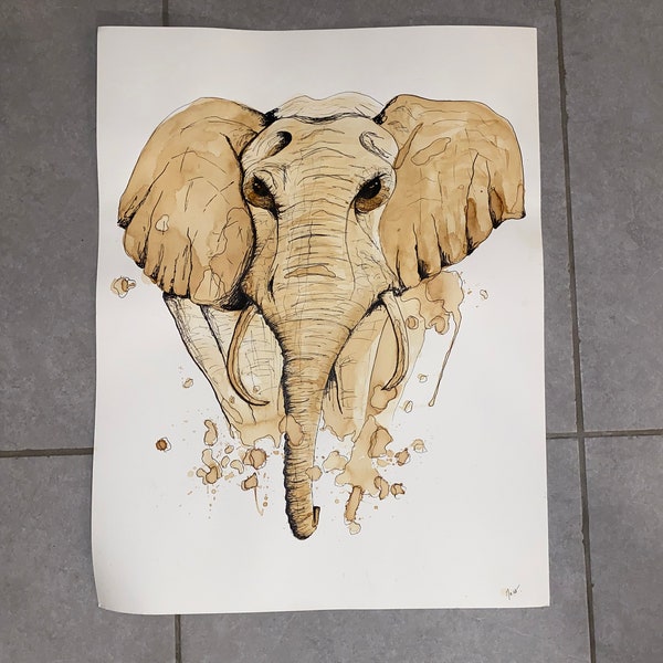 Peinture / Aquarelle Eléphant au café