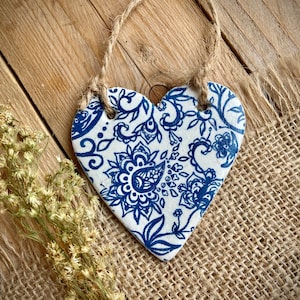 Hanging clay heart, blue and white floral decor, small house warming gift for woman, decoupaged heart