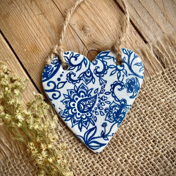 Hanging clay heart, blue and white floral decor, small house warming gift for woman, decoupaged heart
