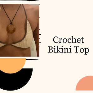 May include: A crocheted bikini top with brown trim. The top is white and has a halter style.
