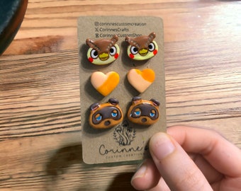 Lot de clous d'oreilles ACNH Blathers et Tom Nook faits main en pâte polymère