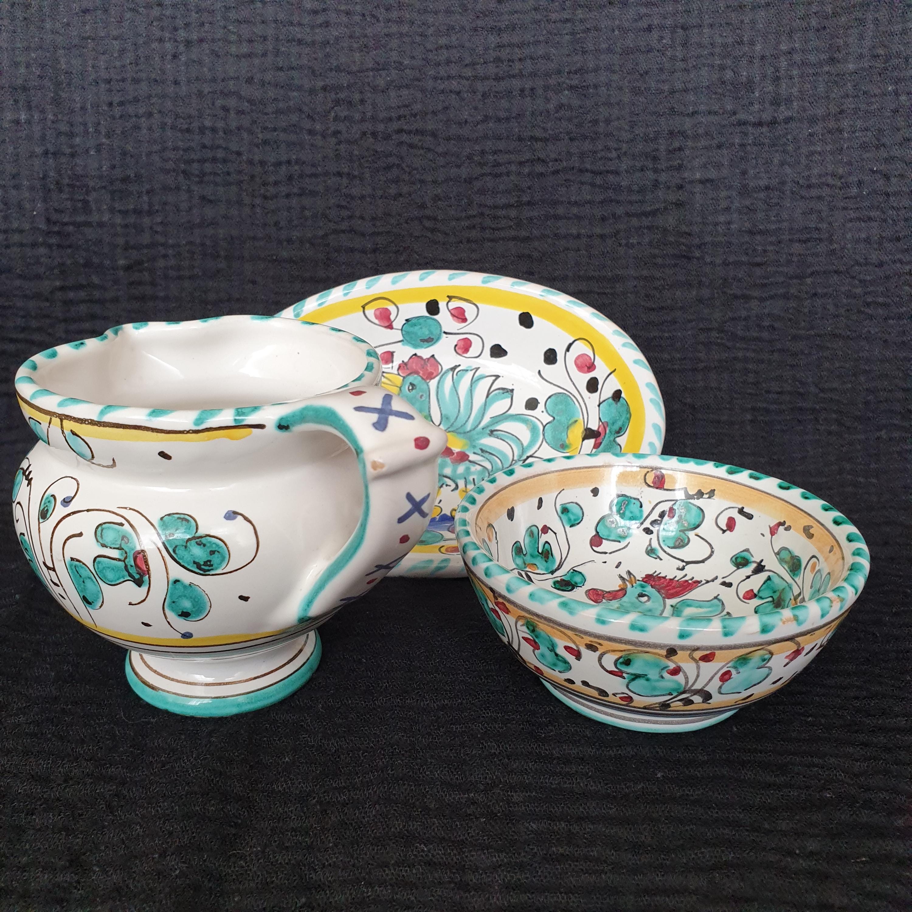 Lot of 3 vintage Italian Pottery Green Rooster Hand Painted