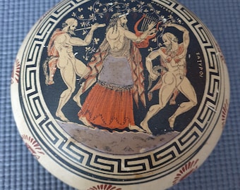Vintage hand painted ceramic box with Greek decor, diameter 15 cm Replica of a 600 B.C. Museum Piece Greece - Folk Art Collectible